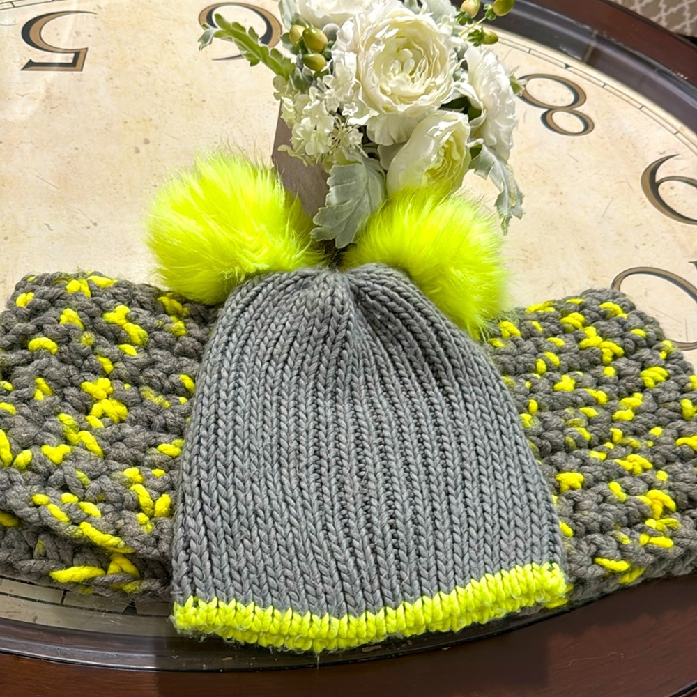 Gray and Yellow Knit Pom-Pom Hat and scarf